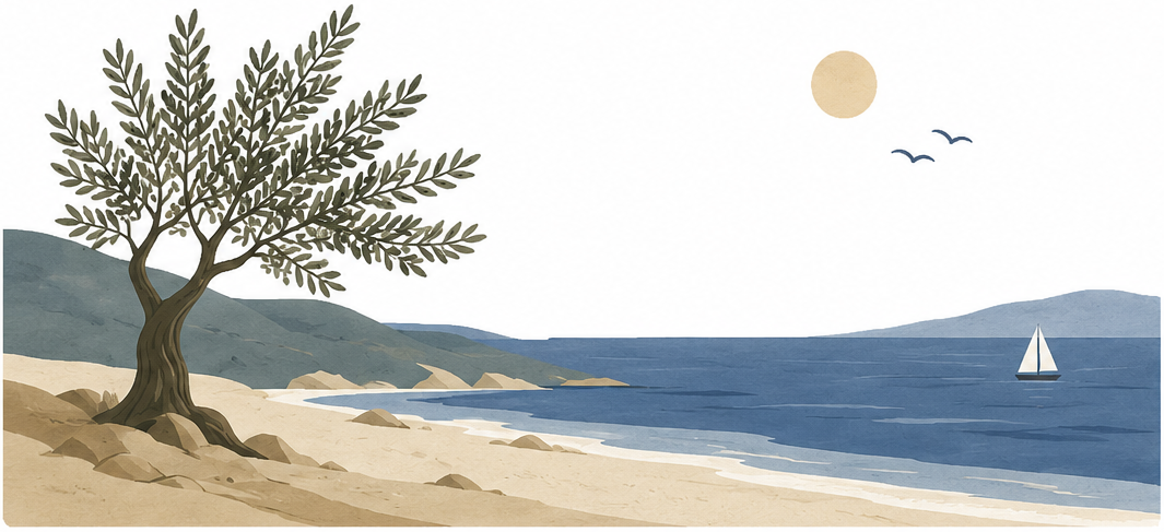 A calm Aegean shoreline with an olive tree, distant hills, sun, birds, and a small sailboat