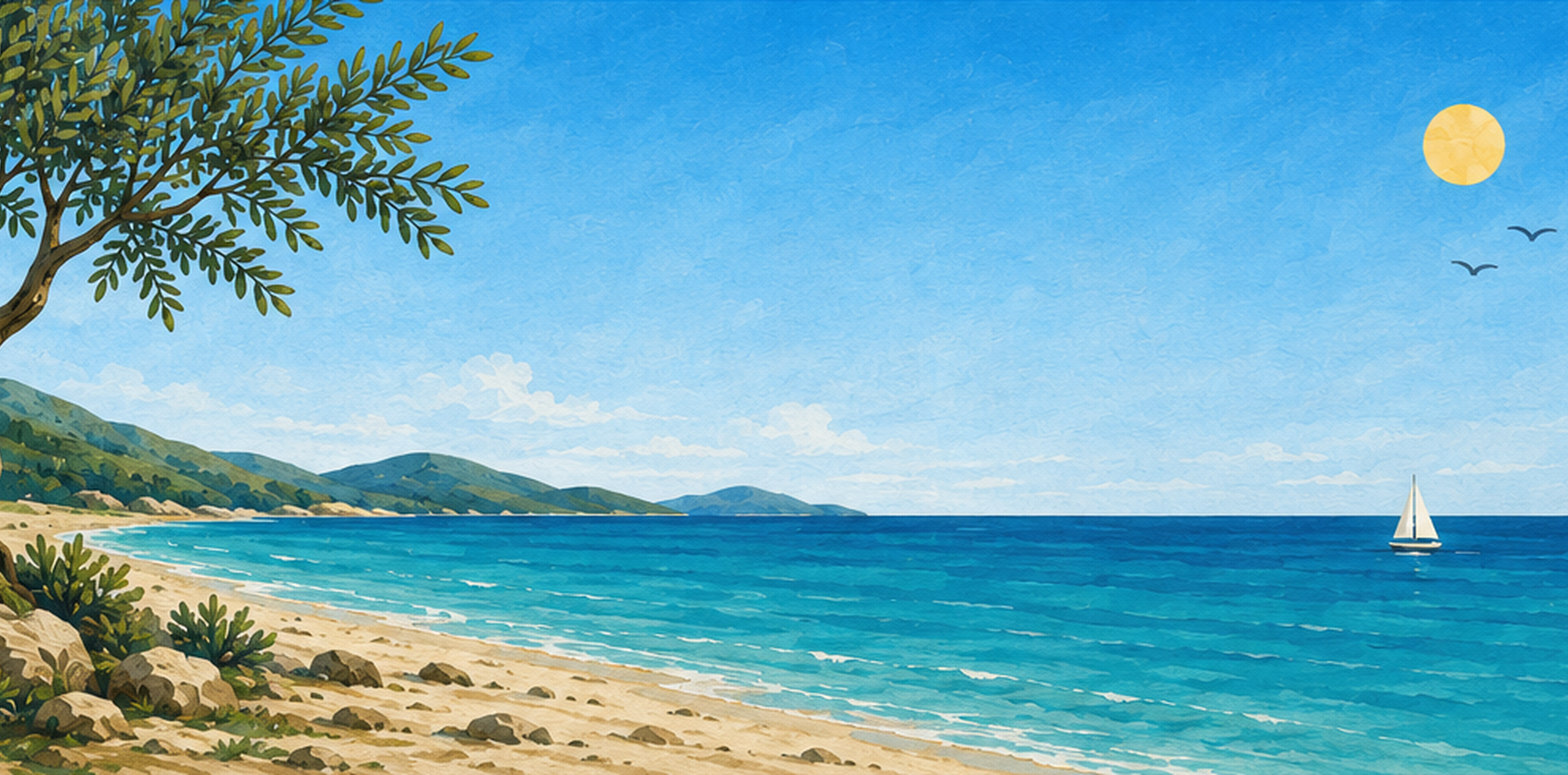 A bright Aegean beach with an olive tree, distant islands, yellow sun, birds, and a sailboat